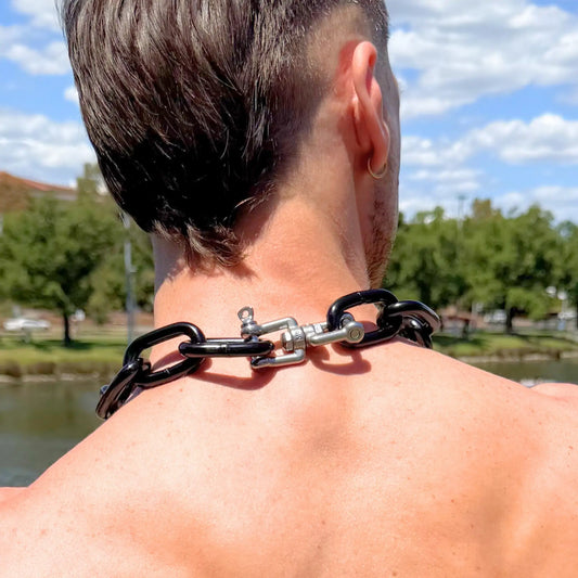 Back view of a Big Black Chain Extra Thick necklace showing the industrial shackle clasp detail