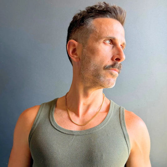 Chain Male gold 3mm box chain necklace side profile, structured gold everyday men's chain necklace Australia