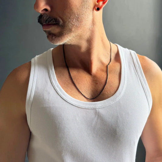 Chain Male black 3mm curb chain necklace worn with white singlet, slim black men's chain necklace Australia