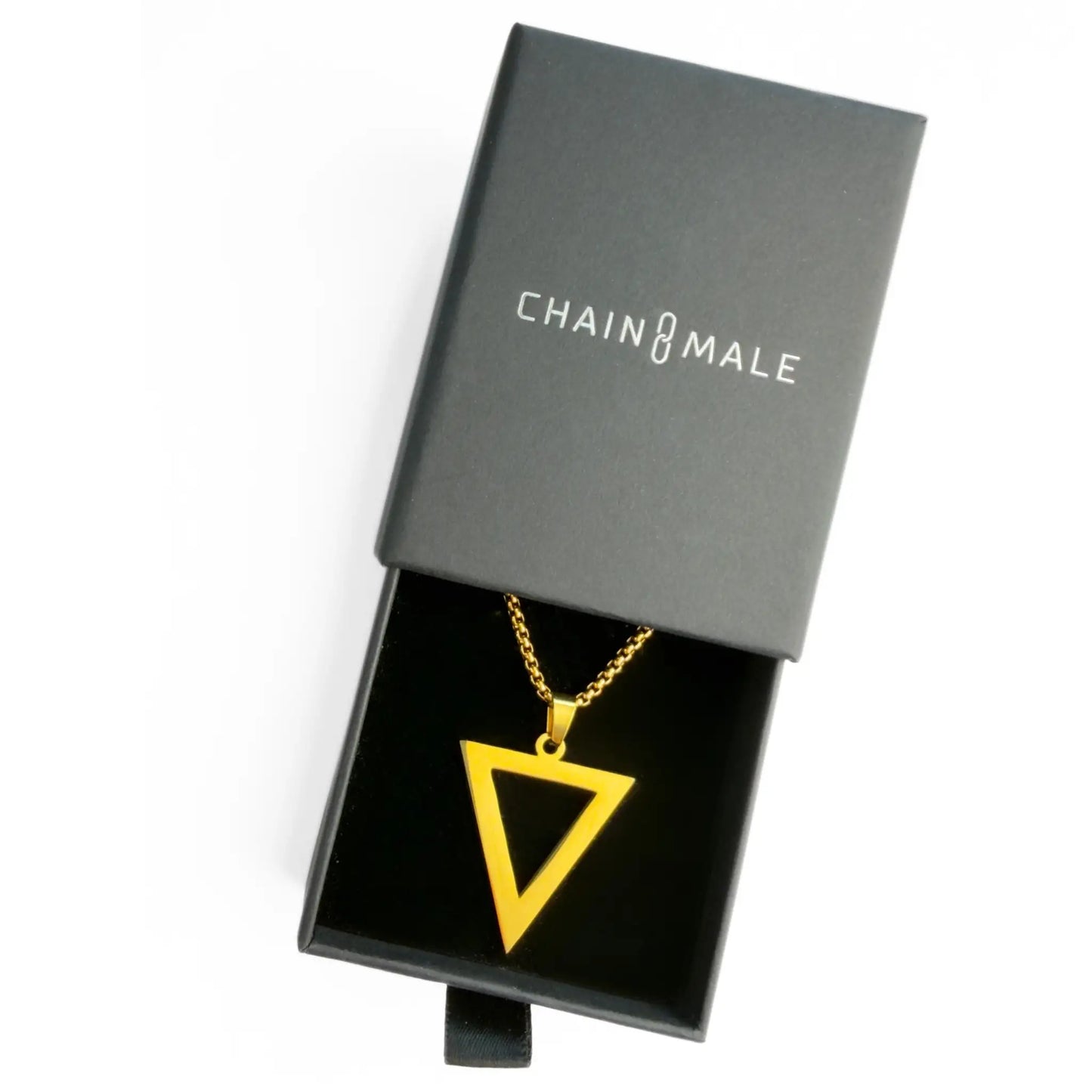 Gold triangle pendant necklace in a black Chain Male jewellery box on a white background