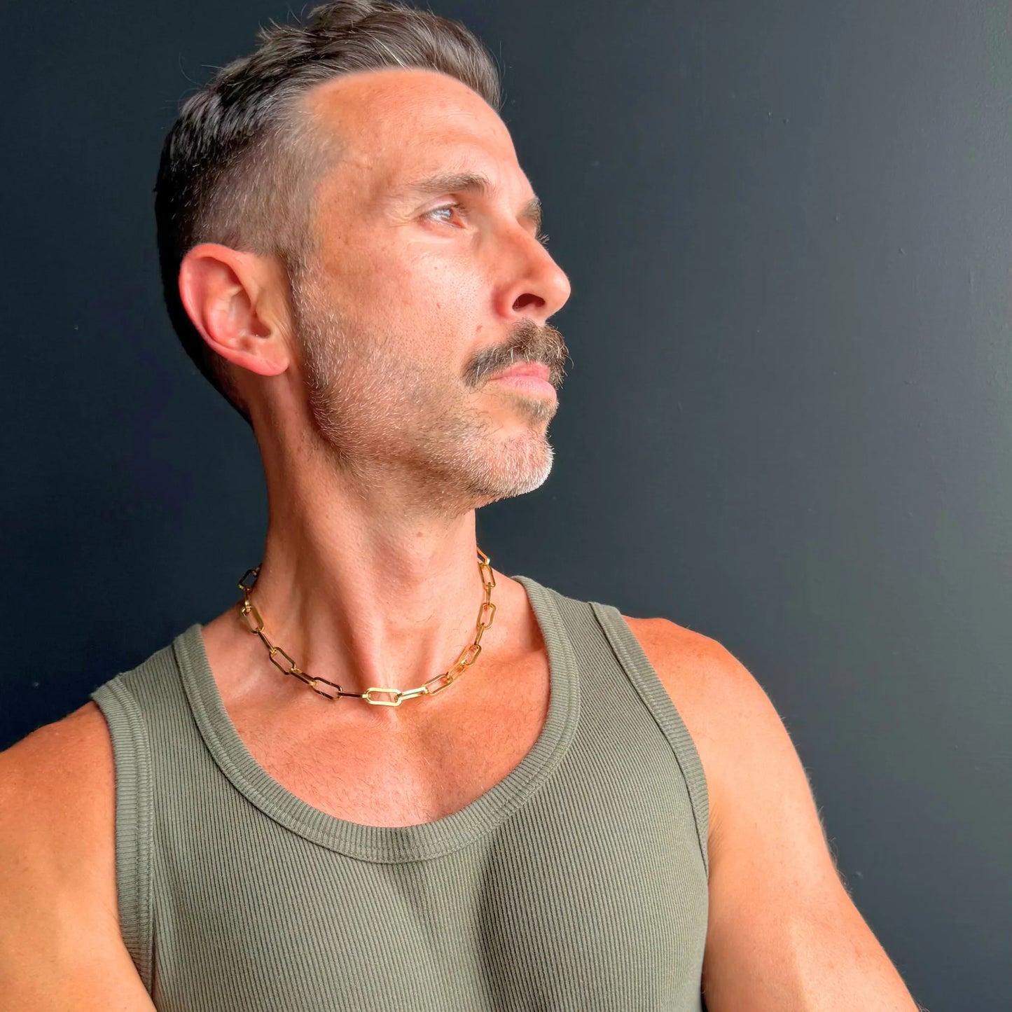 Chain Male gold paperclip choker necklace side profile worn with singlet, statement gold men's choker Australia