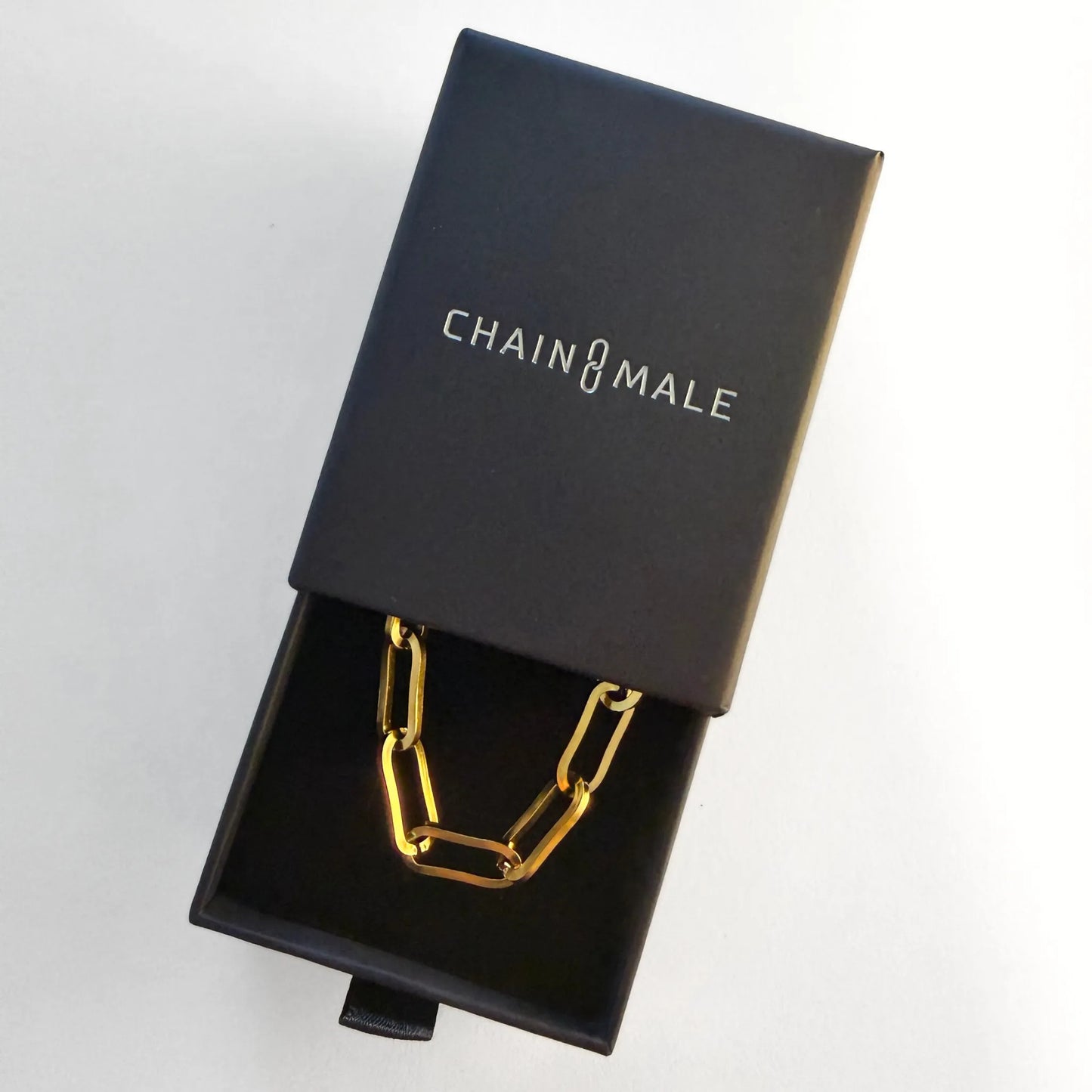 Chain Male gold paperclip choker necklace in branded gift box, gold plated stainless steel men's jewellery