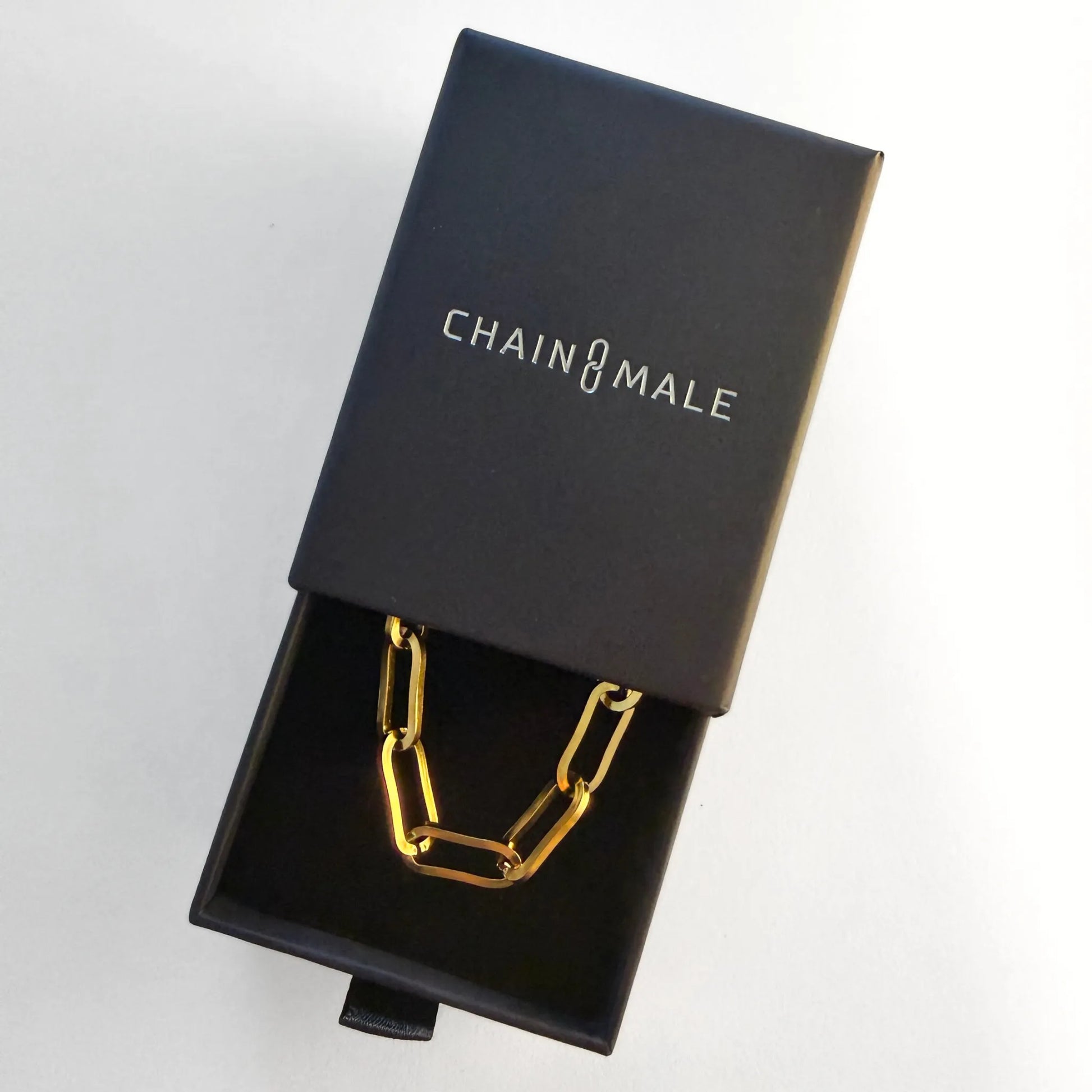 Chain Male gold paperclip choker necklace in branded gift box, gold plated stainless steel men's jewellery