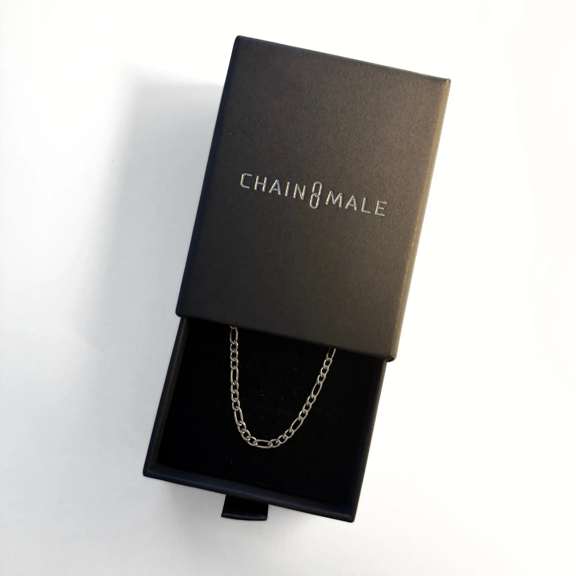 Chain Male silver 3mm Figaro chain necklace in branded gift box, men's stainless steel jewellery Australia