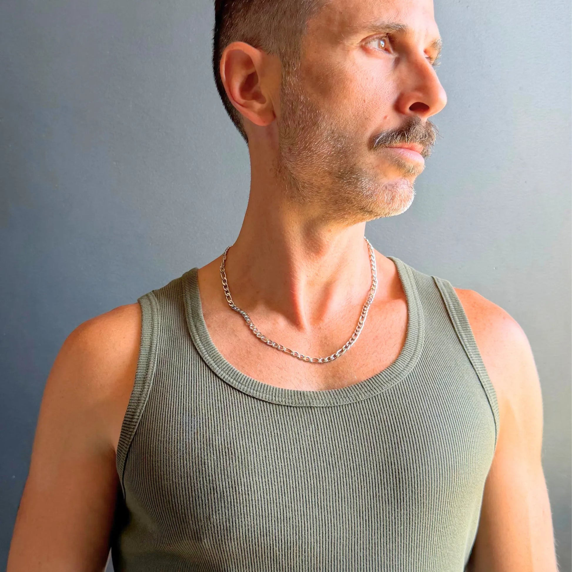 Chain Male silver 5mm Figaro chain necklace side profile, bold silver men's Figaro chain necklace Australia