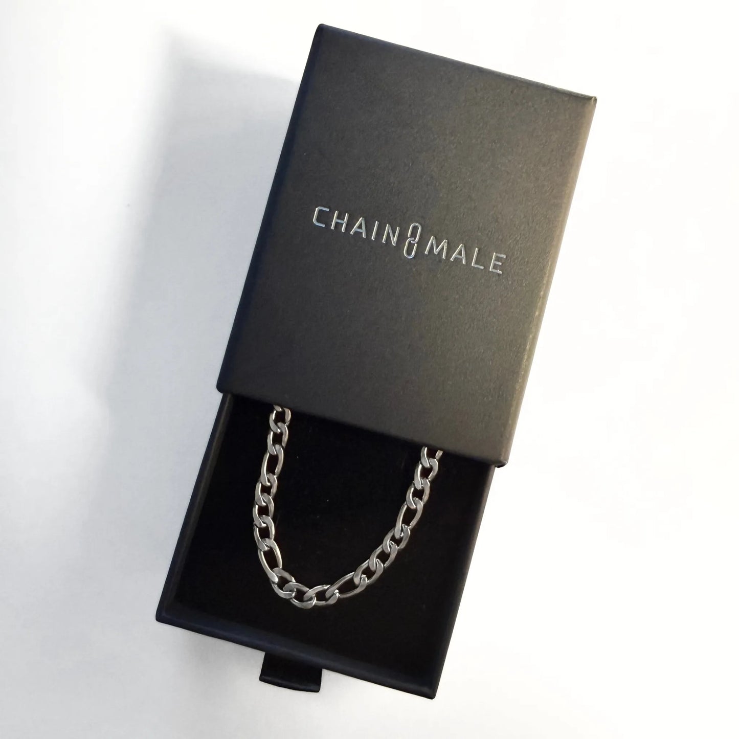 Chain Male silver 5mm Figaro chain necklace in branded gift box, men's stainless steel jewellery Australia
