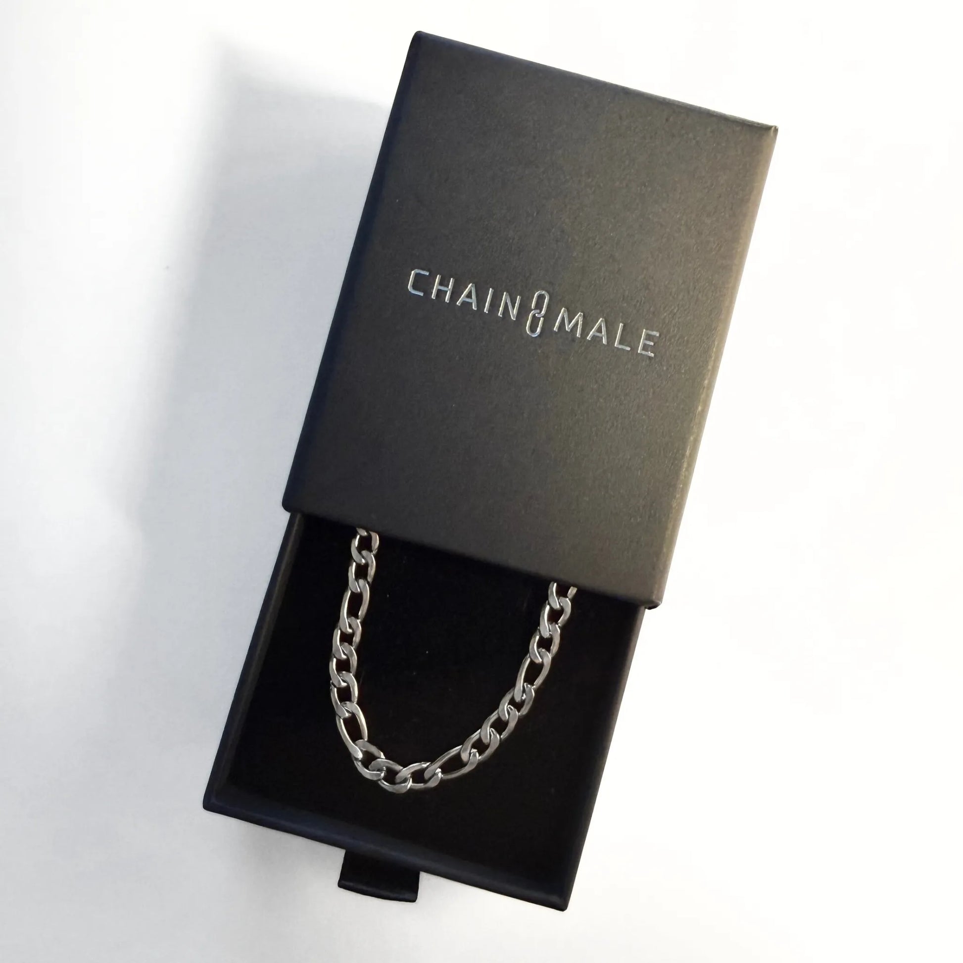 Chain Male silver 5mm Figaro chain necklace in branded gift box, men's stainless steel jewellery Australia