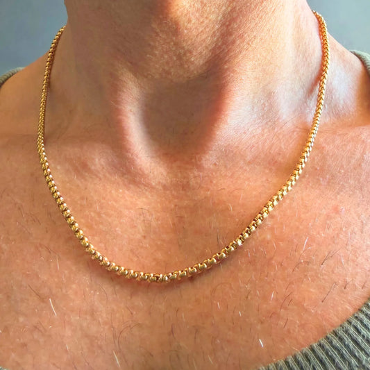 Chain Male gold rolo chain necklace close-up worn with singlet, 18ct gold plated rounded link men's jewellery