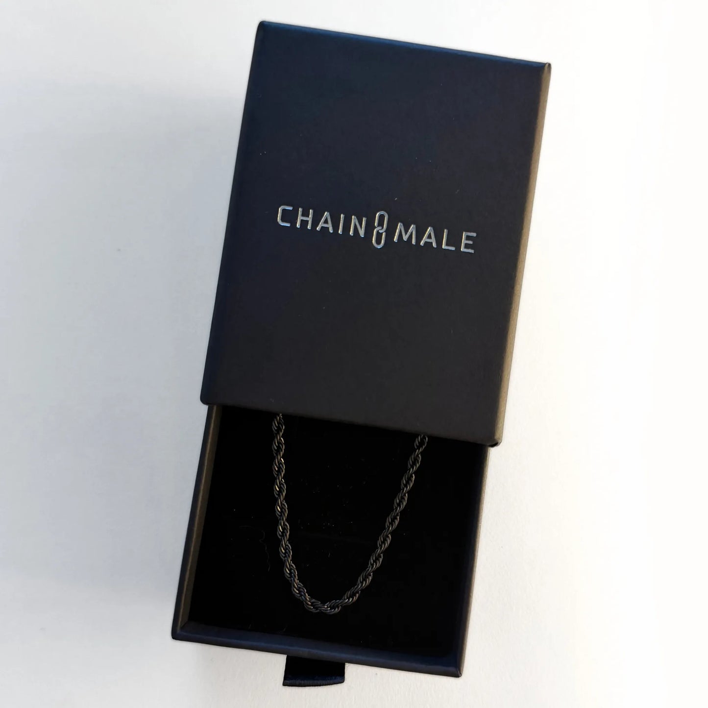 Chain Male black rope chain necklace in branded gift box, black plated stainless steel men's jewellery
