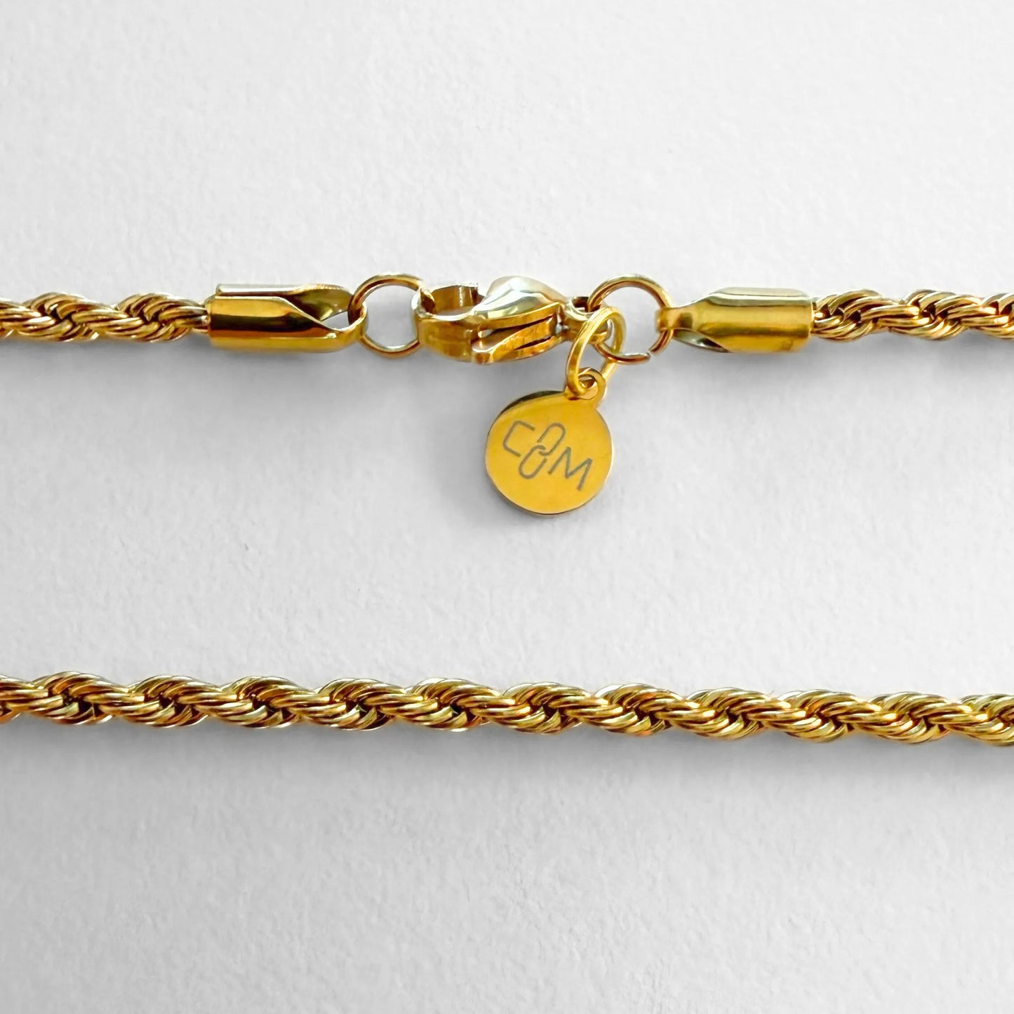 Chain Male gold rope chain necklace flat lay with CM charm, 18ct gold plated men's Everyday collection