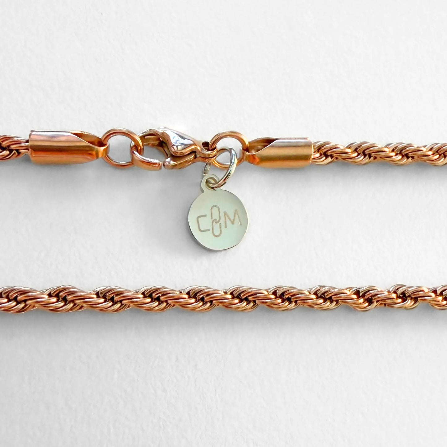Chain Male rose gold rope chain necklace flat lay with CM charm, rose gold plated men's Everyday collection