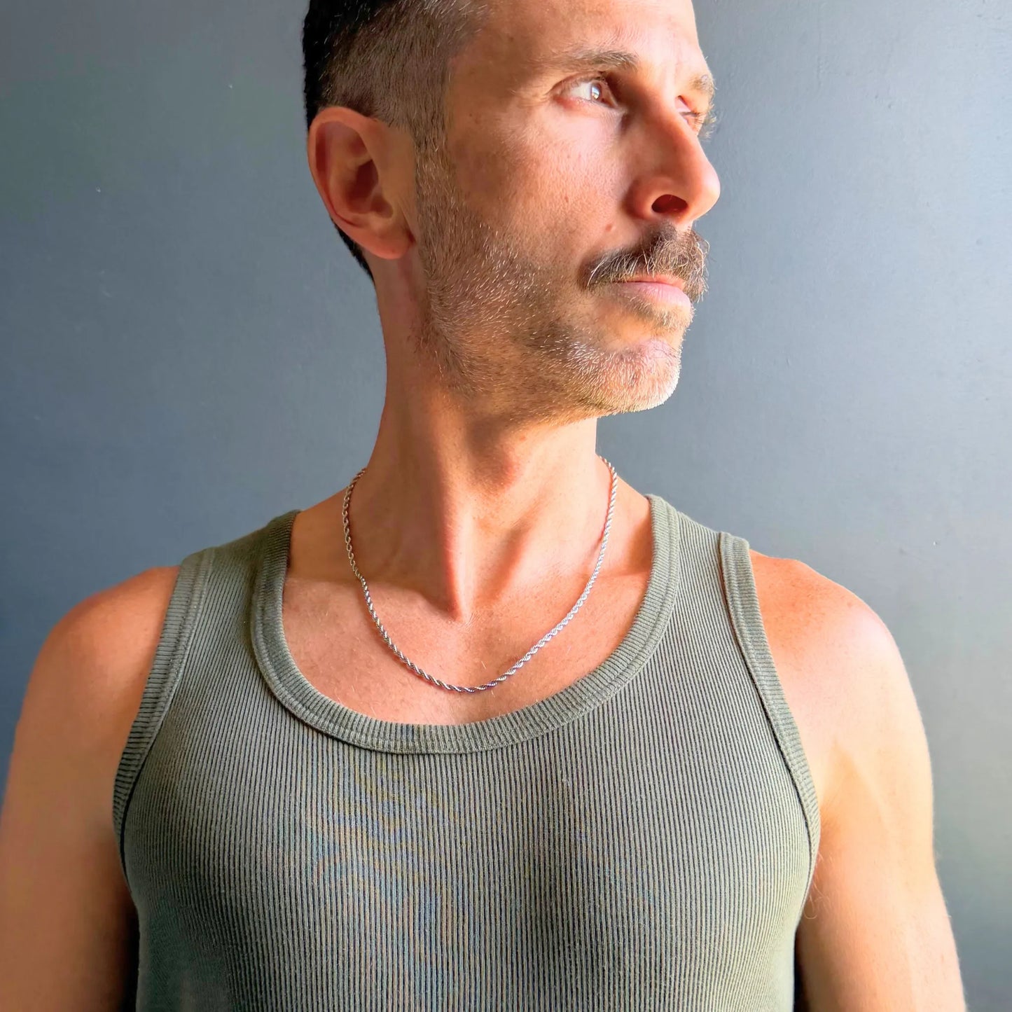 Chain Male silver rope chain necklace side profile, textured everyday men's rope chain necklace Australia