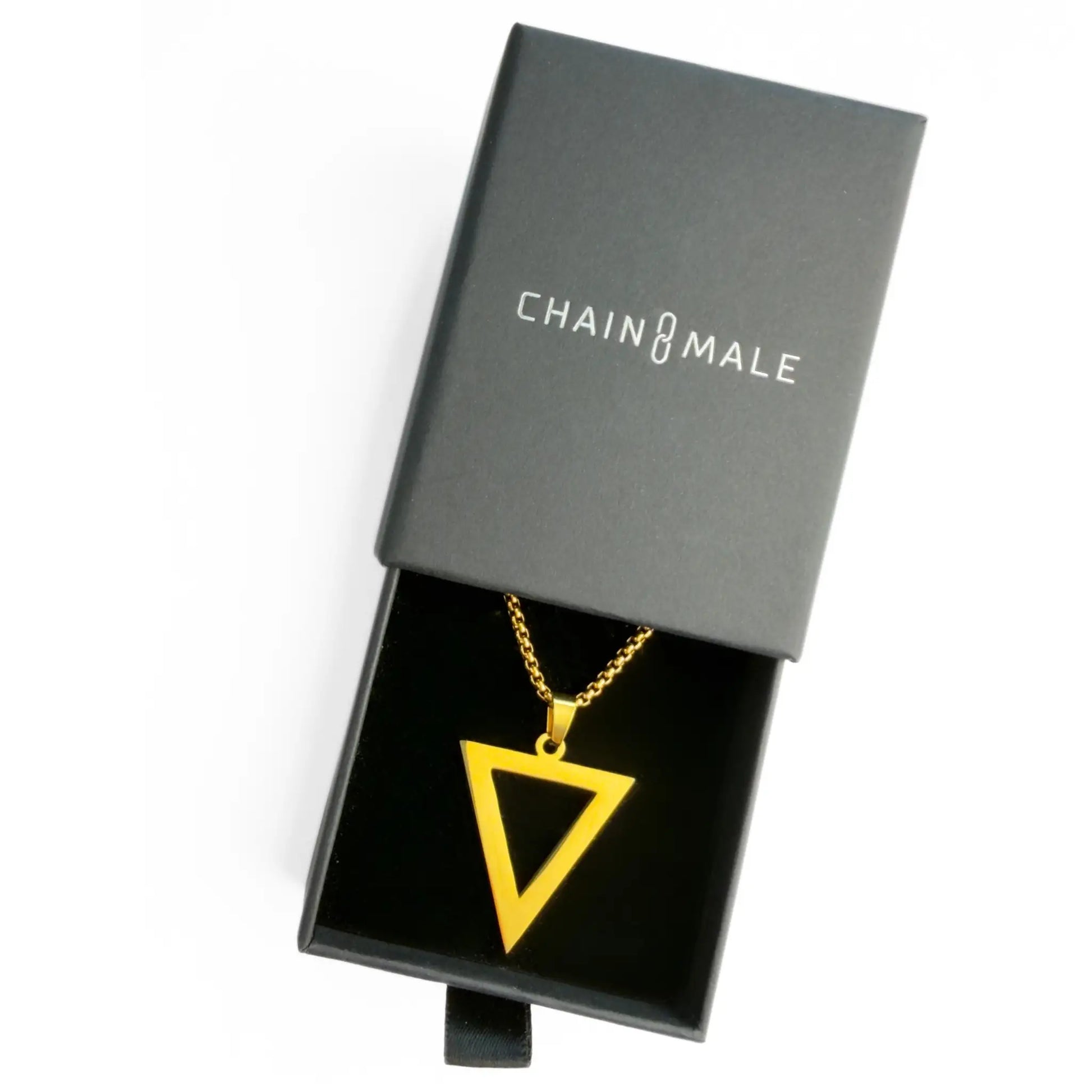 Gold triangle pendant necklace in a black Chain Male jewellery box on a white background