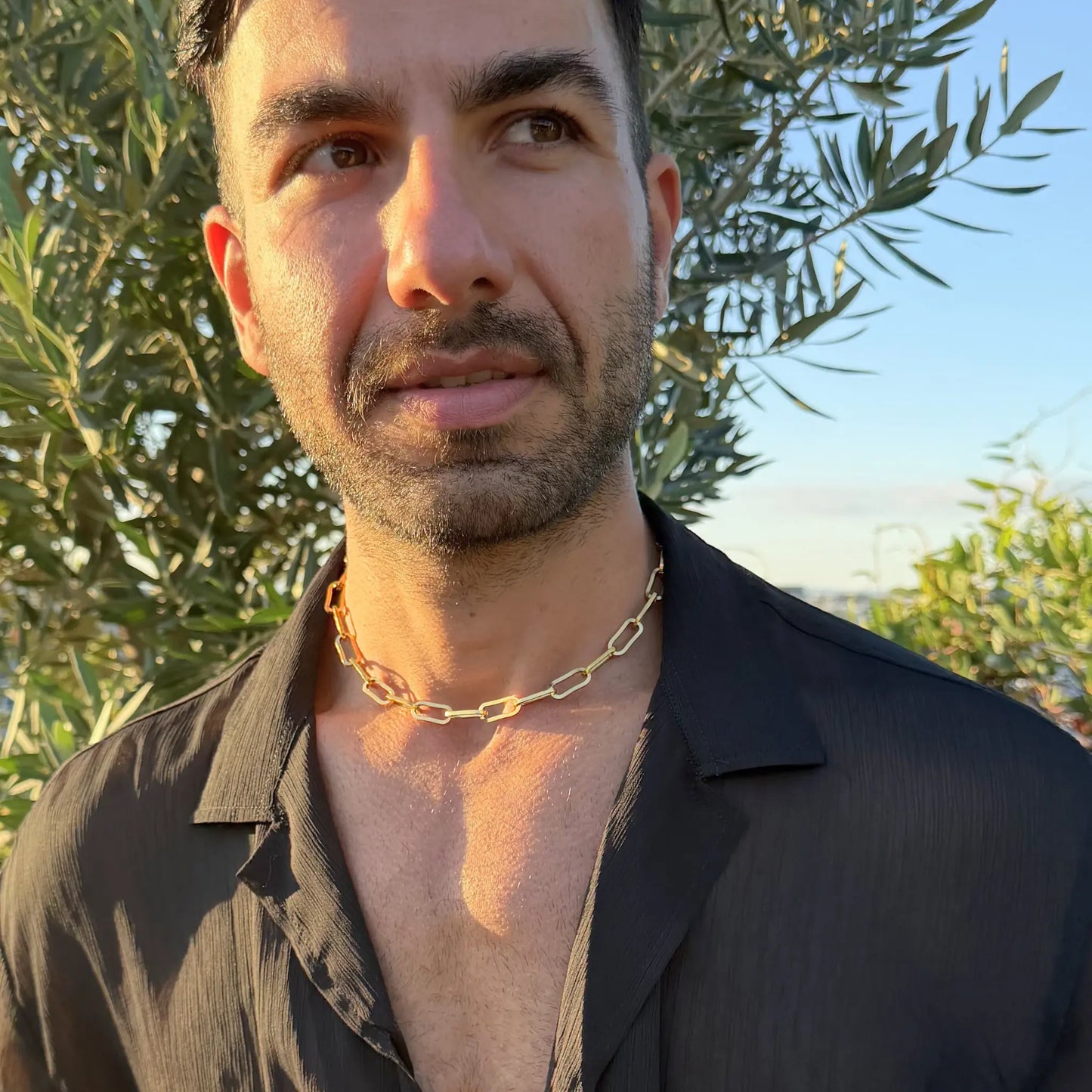 Man wearing a gold paperclip choker necklace outdoors looking away, olive tree and sky in background